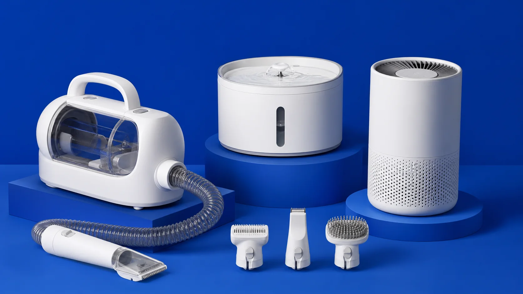 White grooming, hydration and air-care products on a cobalt set